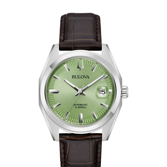 Bulova Surveyor Automatic Green Dial Brown Leather Strap Watch 39mm - 96B427